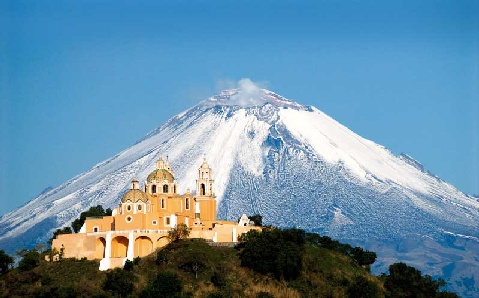 Puebla Cholula Church Nuestra Senora de los Remedios and Popocatepetl Volcano - Photo by SECTUR Puebla